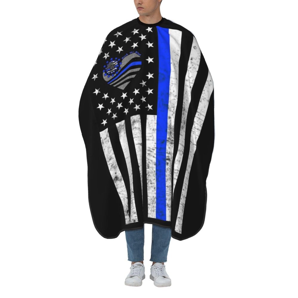 Back The Blue Thin Blue Line Flag American Police Barber Cape with Adjustable Buckle Hair Cutting Salon Cape for Unisex, Perfect for Hairstylists