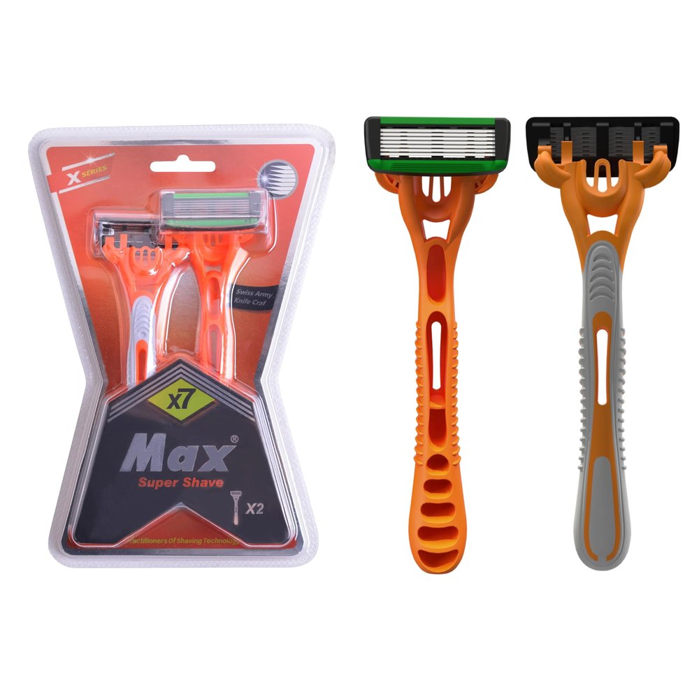 Max- X7 Series Men Razors Blades 7 Swiss Army Knife like Blades, with Aloe Comfort Strip, Pivoting Head and Optimal Shave indicator. Ergonimic Handle for Superior Handle Control, 2 Pack.