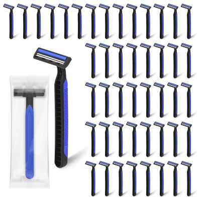 Fafortune Disposable Twin Blade Razors in Bulk, Individually Wrapped - Clear Safety Cap, For Homeless, Hotel, Airbnb, Travel (pack of 50,blue)