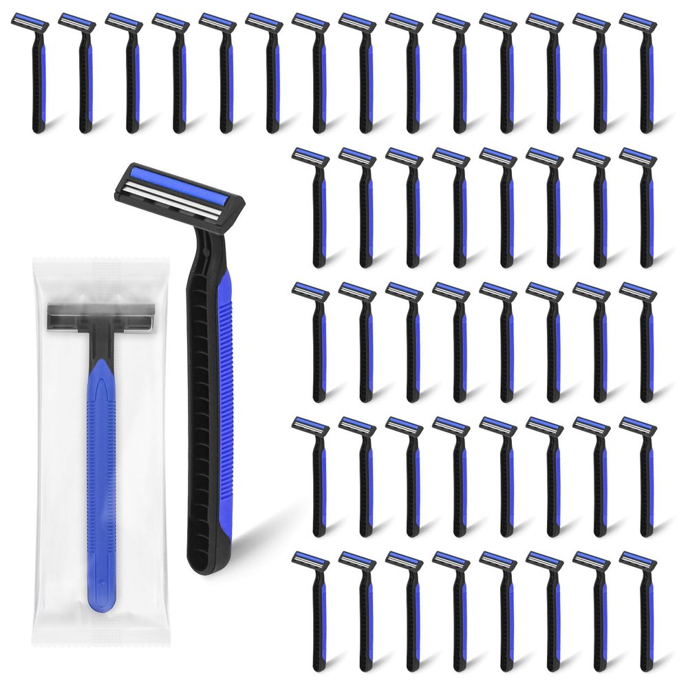 Fafortune Disposable Twin Blade Razors in Bulk, Individually Wrapped - Clear Safety Cap, For Homeless, Hotel, Airbnb, Travel (pack of 50,blue)