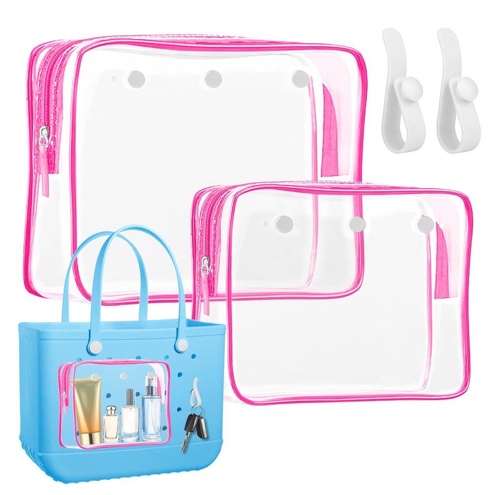 2 Pack Clear Inner Pouch Tote Bag with 2 Insert Hooks for B O G G Bag, Divider Storage for Travel Cosmetic Makeup Clean Organizer (2, Pink)