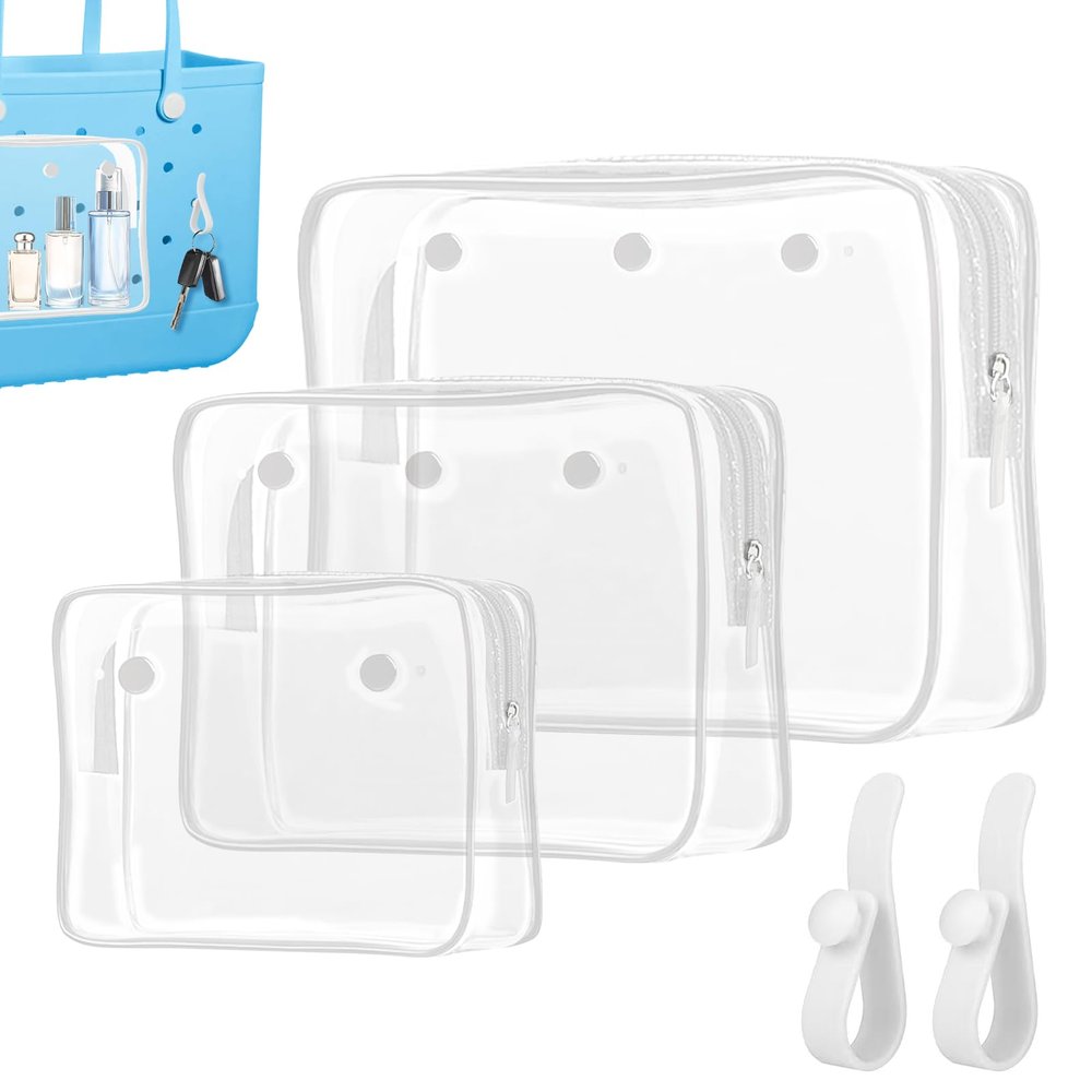Upgrade Clear Beach Tote Bag with 2 Pack Insert Hooks Accessories for B o g g Bags Travel Makeup Clean Toiletry Brush Organizer Cosmetic Divider Storage Inner Pouch (white, 3-pack)