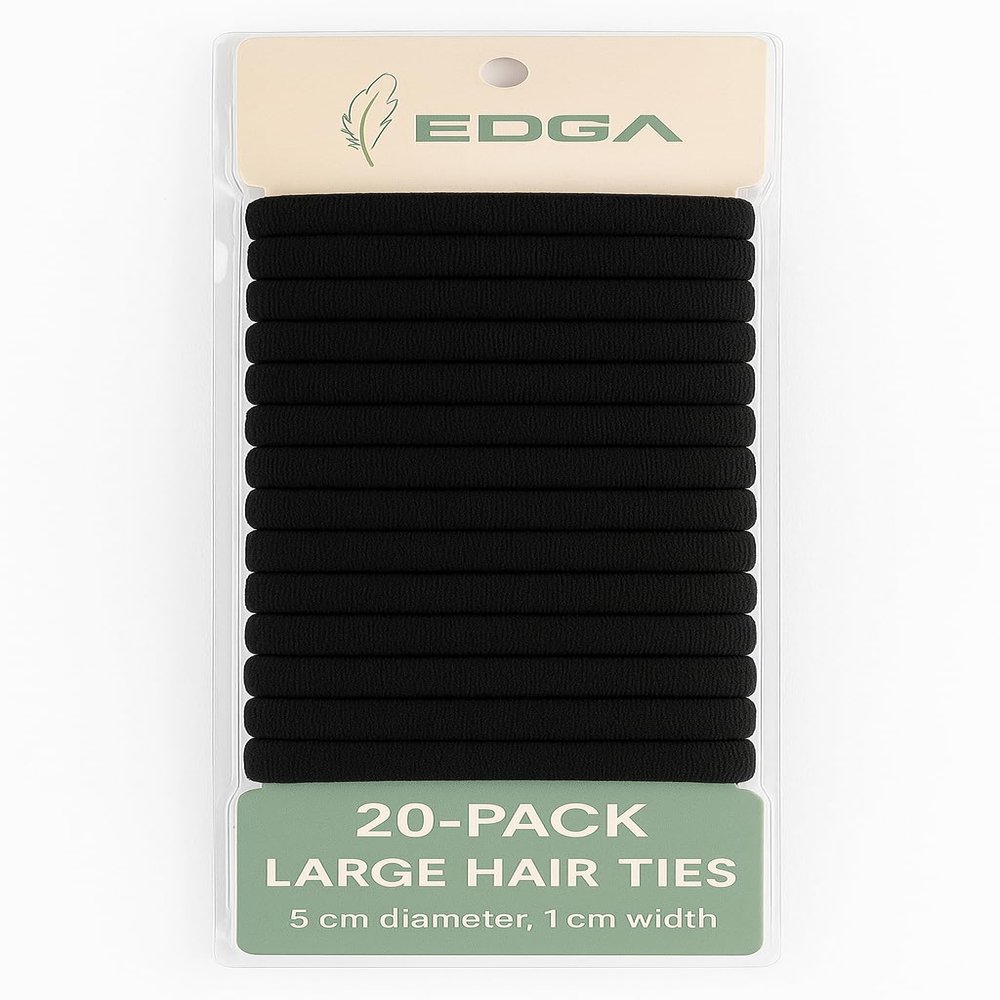 20-Pack Large Black Hair Ties for Thick, Curly & Heavy Hair Soft Stretchy Ponytail Holders, No Damage, 4cm Diameter, 1cm Wide, Strong Grip Headbands for Women & Girls (Black)