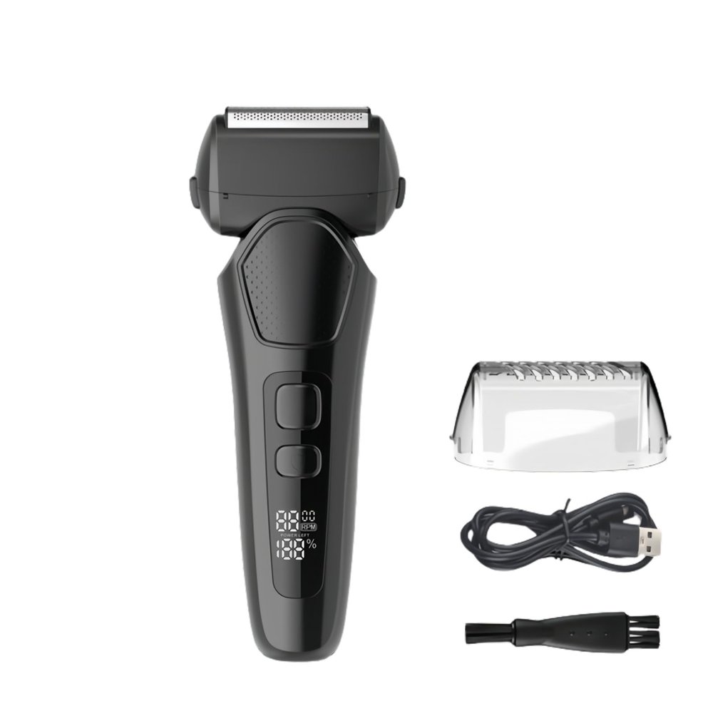 Supercap - Portable Foil Shaver for Men, Electric Razor, Rechargeable Travel Facial Hair Groomer with Pop Up Trimmer, Waterproof Wet & Dry, 3-Blade, LED Display (Black)