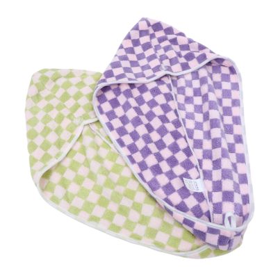 Beavorty Checkered Fleece Hair Towel Wrap 2pcs Quick-Drying Hair Turban for Women Soft Absorbent Shower Cap with Button for Wet and Home Use