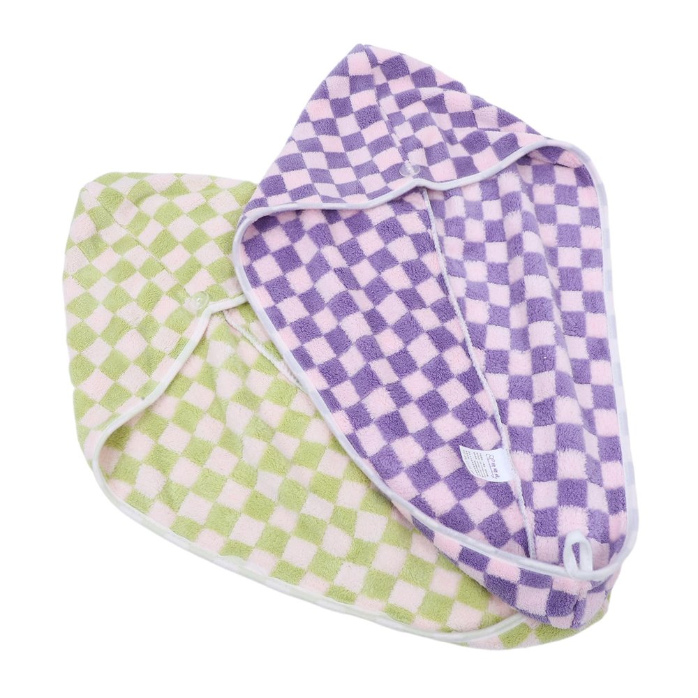 Beavorty Checkered Fleece Hair Towel Wrap 2pcs Quick-Drying Hair Turban for Women Soft Absorbent Shower Cap with Button for Wet and Home Use