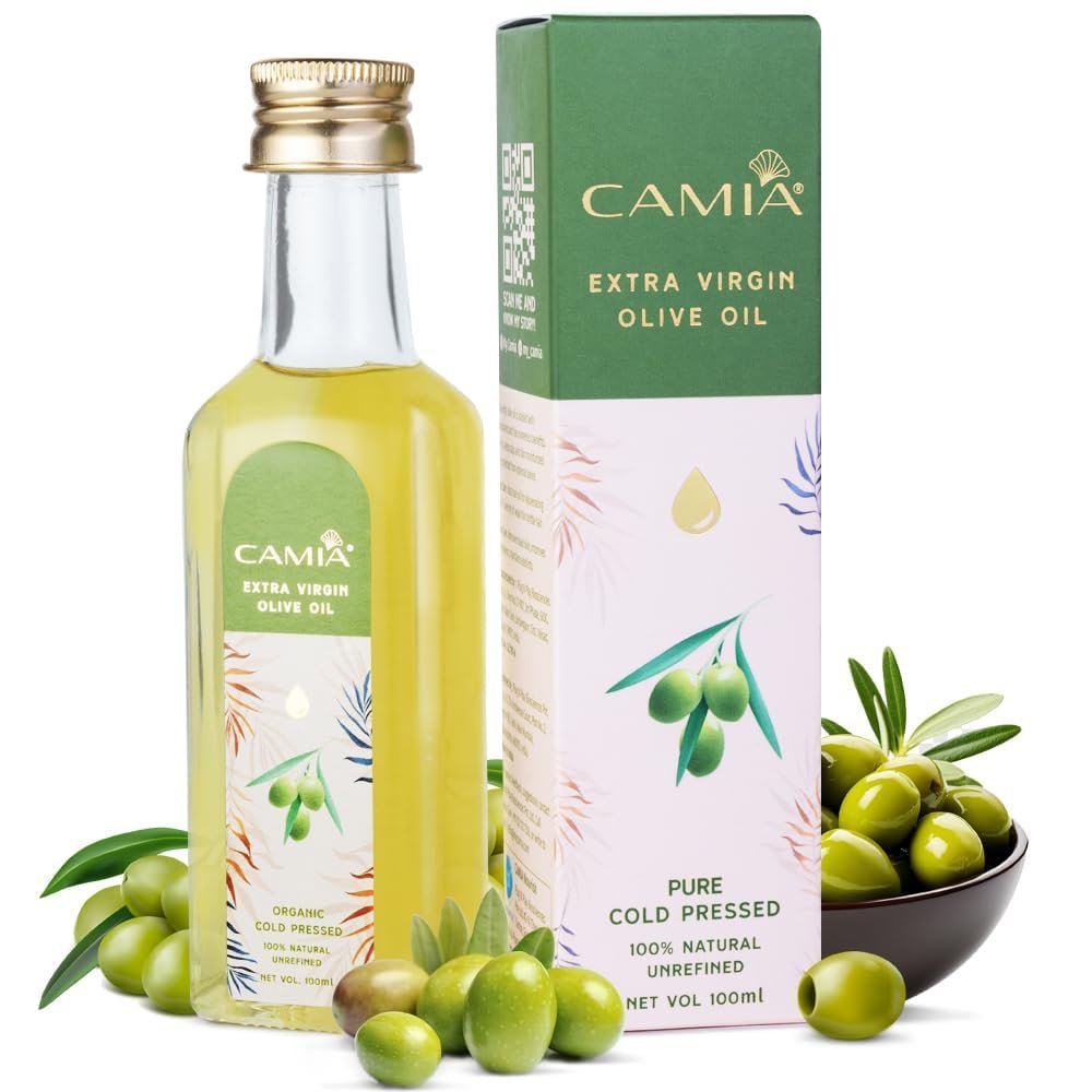 C.A.M.I.A. Organic Cold Pressed Olive Oil  100ml Glass Bottle  100% Pure & Natural  For Hair & Skin  Helps Repair UV Damage, Strengthens Hair Roots & Deeply Moisturizes  for Men & Women