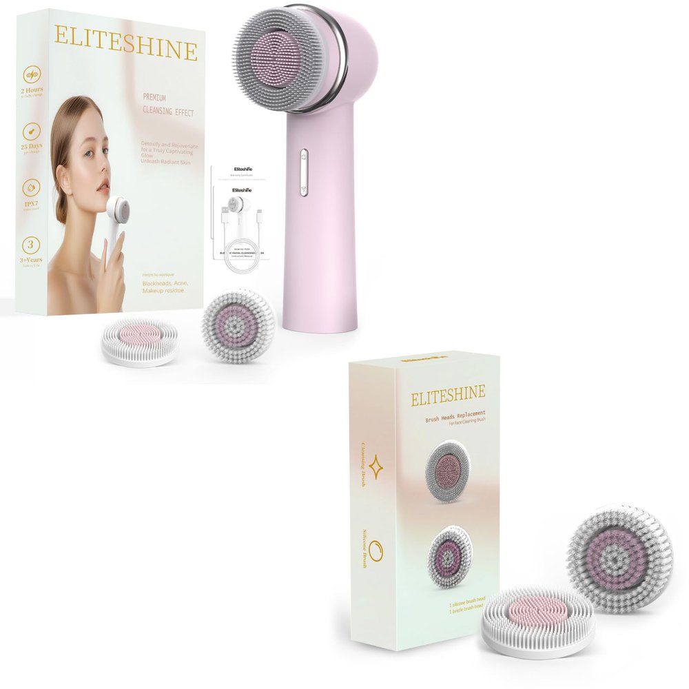 Eliteshine 1 Electric Facial Cleansing Brush Plus 2 Original Replacement Heads Bundle