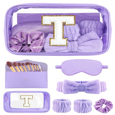 Gift Sets for Women, Initial Makeup Bag with Makeup Brush Set Bachelorette Party Favors, Purple Spa Kit with Skincare Headbands Wrist Bands Sleepover Party Supplies Gifts for Teen Girls Bridesmaid T