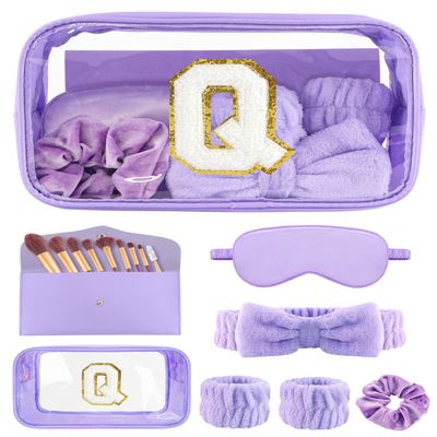 Gift Sets for Women, Initial Makeup Bag with Makeup Brush Set Bachelorette Party Favors, Purple Spa Kit with Skincare Headbands Wrist Bands Sleepover Party Supplies Gifts for Teen Girls Bridesmaid Q