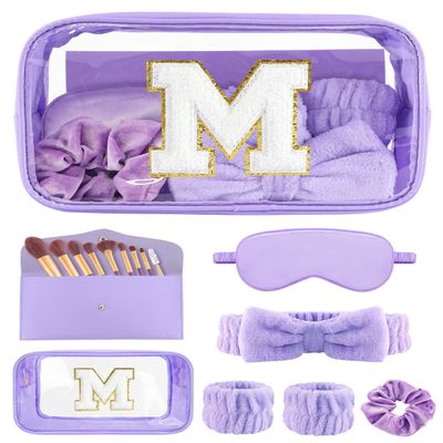 Gift Sets for Women, Initial Makeup Bag with Makeup Brush Set Bachelorette Party Favors, Purple Spa Kit with Skincare Headbands Wrist Bands Sleepover Party Supplies Gifts for Teen Girls Bridesmaid M