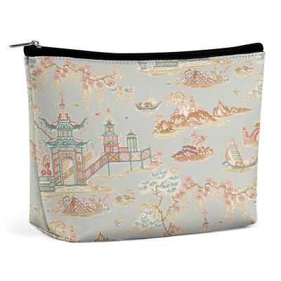 Zengzll Blue And White Ancient Chinese Folk Chinoiserie Style Portable Cosmetic Bag Multifunction Storage Pouch PU Makeup Bag, Stationery Organizer with Zipper for Reunion Office