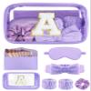 Gift Sets for Women, Initial Makeup Bag with Makeup Brush Set Bachelorette Party Favors, Purple Spa Kit with Skincare Headbands Wrist Bands Sleepover Party Supplies Gifts for Teen Girls Bridesmaid A view 1