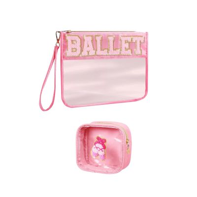 2Pcs Ballet Theme Makeup Bag Handheld Letter Patches Waterproof PVC Cosmetic Pouch for Women Travel Toiletries Brushes Set