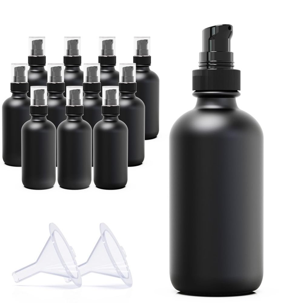 12Pack 120ml Matte Black Glass Pump Bottle with Black Pump Dispenser,4oz Small Dispenser, Travel Size Refillable Botttles For Lotions,Sercums,Essential Oils