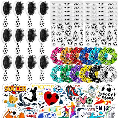86 Pcs Soccer Party Favors for Gils, 12 Soccer Mini Detangler Brush, Satin Soccer Scrunchies Hair Ties, Makeup Bags and Stickers Soccer Accessories Gifts for World Cup Birthday Party Decoration