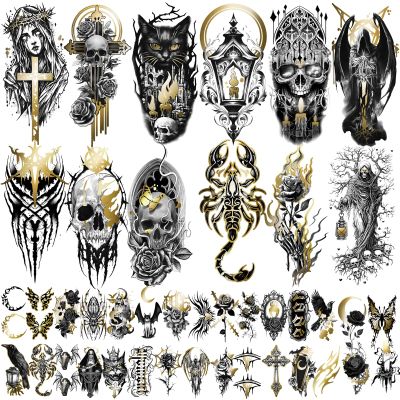 42 Sheets Metallic Gothic Temporary Tattoo for Women Men, 12 Half Arm Golden Skull Cat Floral Fake Tattoos, 30 Black Glitter Rose Butterfly Spider Halloween Tiny Adult Kid Body Tattoos Stickers