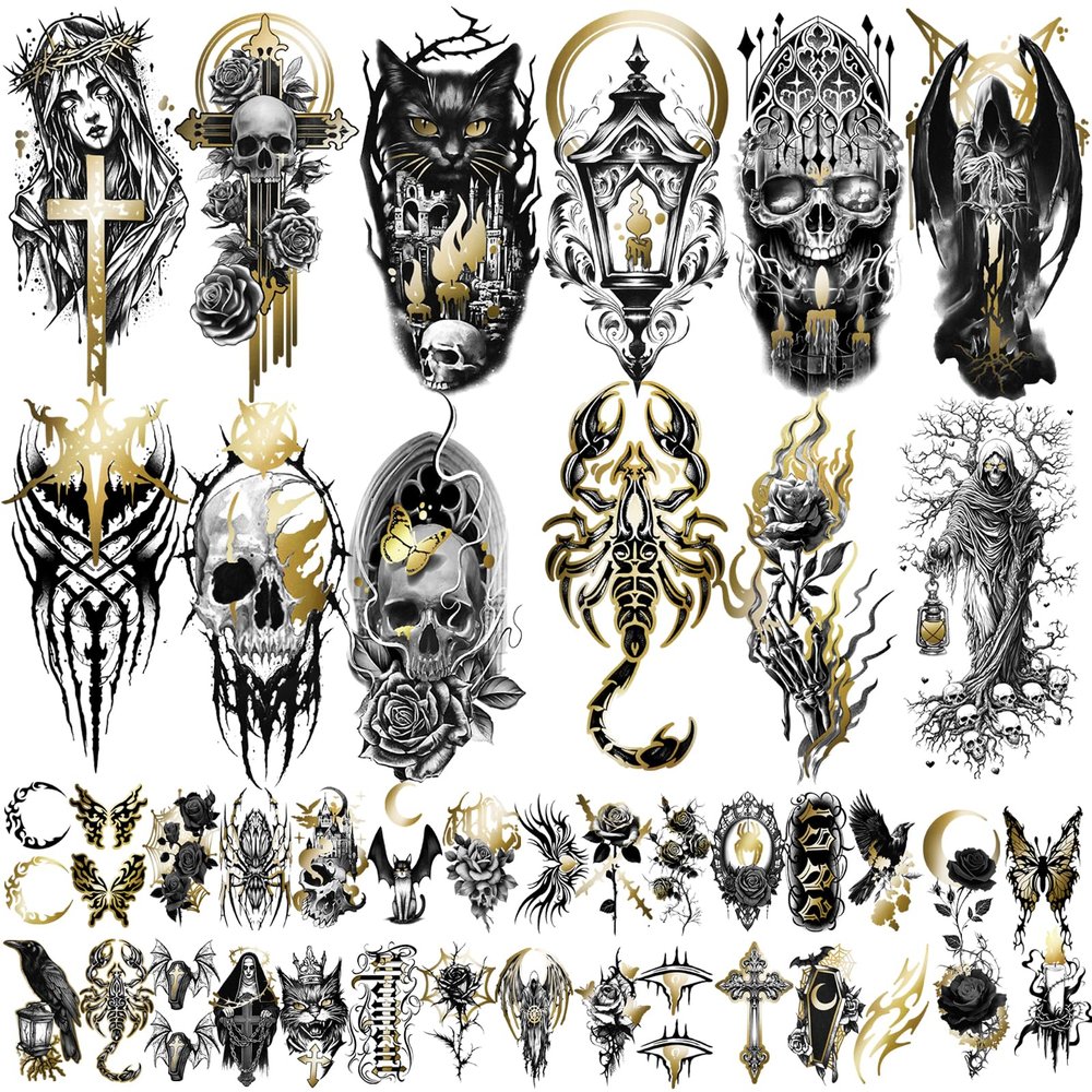 42 Sheets Metallic Gothic Temporary Tattoo for Women Men, 12 Half Arm Golden Skull Cat Floral Fake Tattoos, 30 Black Glitter Rose Butterfly Spider Halloween Tiny Adult Kid Body Tattoos Stickers