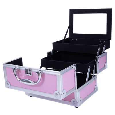 JZHANXUEY Pink Aluminum Train Case with Foldable Compartments & Mirror - 9x6x6 Inch Cosmetic Organizer