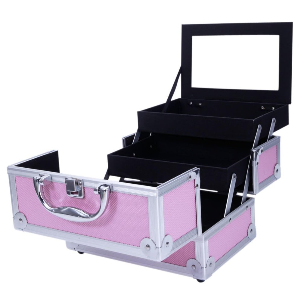 JZHANXUEY Pink Aluminum Train Case with Foldable Compartments & Mirror - 9x6x6 Inch Cosmetic Organizer