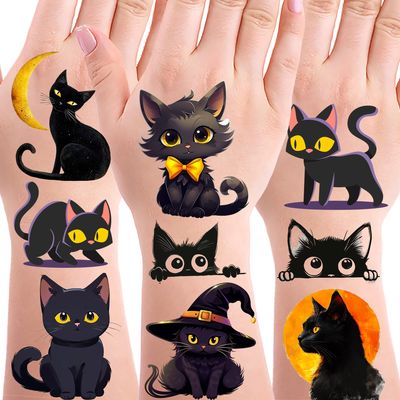 OriniPlay 152PCS Black Cat Tattoos Temporary Stickers Cute Animal Pet Halloween Themed Birthday Party Supplies Decoration Favors Goodie Bag Stuffers Tattoo