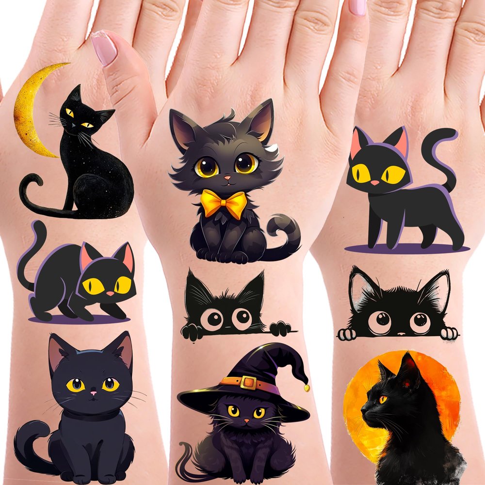OriniPlay 152PCS Black Cat Tattoos Temporary Stickers Cute Animal Pet Halloween Themed Birthday Party Supplies Decoration Favors Goodie Bag Stuffers Tattoo