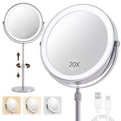 1X/20X Magnifying Makeup Mirror with Lights - 9" Large Dual-Sided Vanity Mirror with 3 Color Lights for Women's Travel Cosmetic Mirror | 3000 mAh-USB Rechargeable | 360 Rotation | Adjustable Height