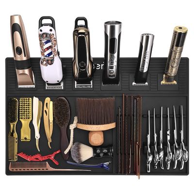 Anti-Slip Magnetic Haircut Mat with 6 Clipper Slots, 19.29"x12.6" Heat-Resistant Barber Organizer Pad for Salon Workstation (Black)