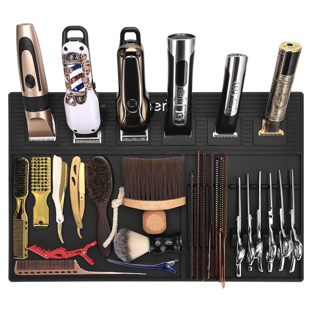 Anti-Slip Magnetic Haircut Mat with 6 Clipper Slots, 19.29"x12.6" Heat-Resistant Barber Organizer Pad for Salon Workstation (Black)