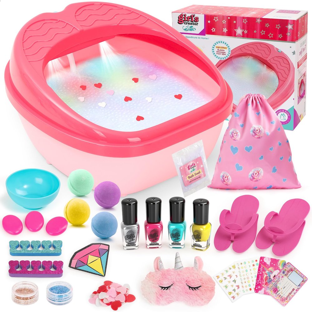 Kids Foot Spa & Nail Art Kit for Kids 4-12 All-in-1 Foot Spa Set with Colorful Lights & Manicure Set Fun Girls Spa Kit for Parties & Christmas Birthday Gifts for 6 8 9 10-12 Year Old Girls