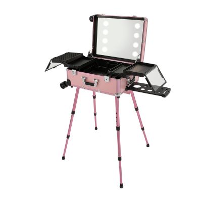 HZOPUTLH 22in Rolling Makeup Train Case, 3 Tiers Makeup Case with Mirror and Lights 4 Multi-Functional Trays, Adjustable Height Cosmetology Case with Wheels and Stands Nail Cart Organizer (Pink)
