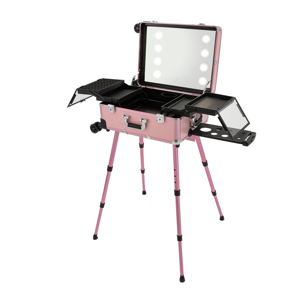HZOPUTLH 22in Rolling Makeup Train Case, 3 Tiers Makeup Case with Mirror and Lights 4 Multi-Functional Trays, Adjustable Height Cosmetology Case with Wheels and Stands Nail Cart Organizer (Pink)