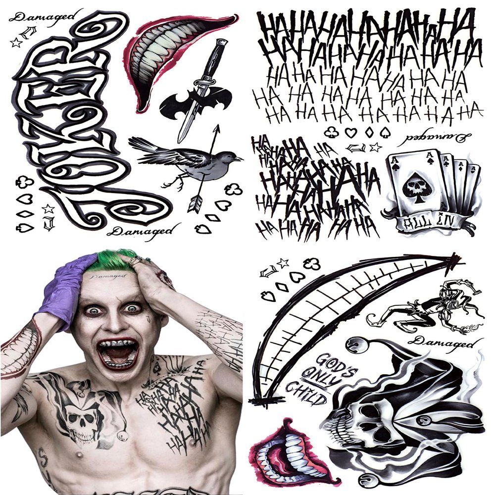 13 Sheets Joker Tattoos Halloween - HAHAHA Damaged JOKER Smile Temporary Tattoos for Kids Fake Tattoo Stickers Joker Costume Masquerade Cosplay Party Accessories Makeup Waterproof