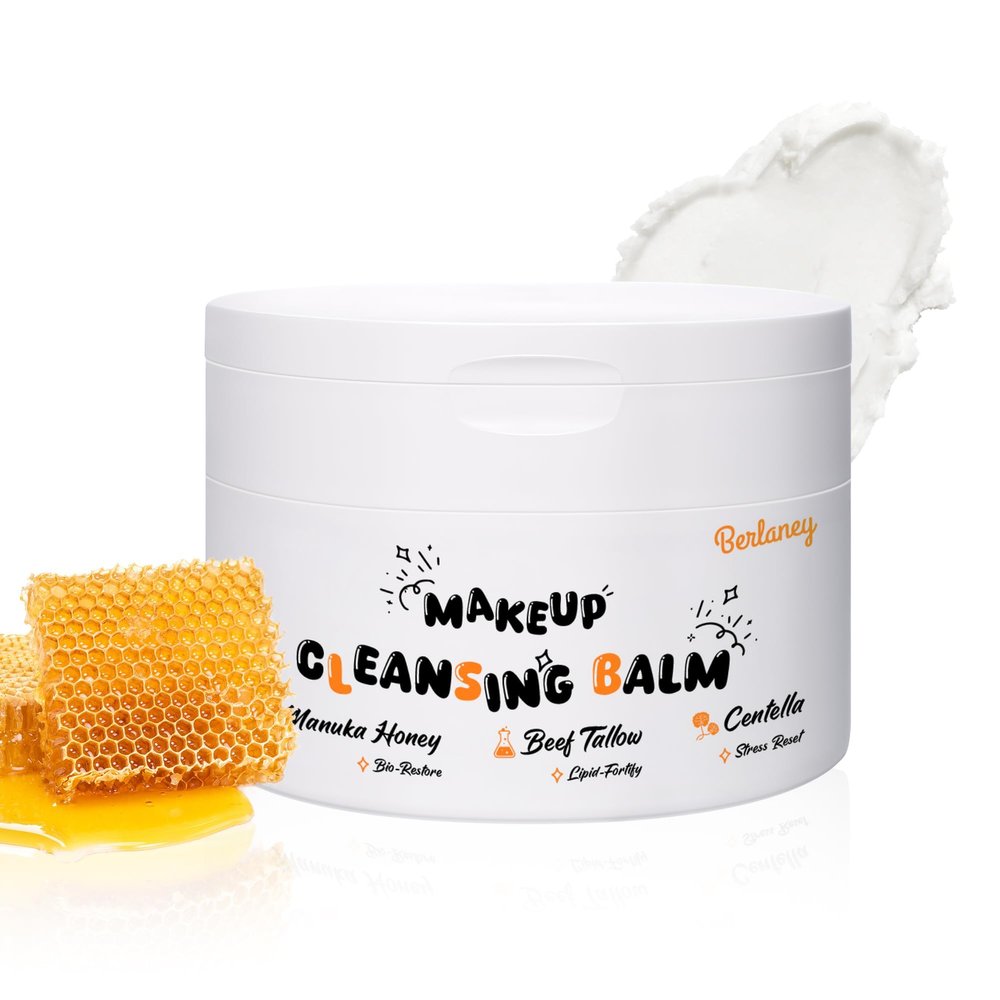 Berlaney Cleansing Makeup Remover Balm, One-Step Remove Melts Makeup Balm to Oil, Gently Removes Waterproof Makeup With Manuka Honey, Cica & Tallow, for All Skin Types, 3.53 oz