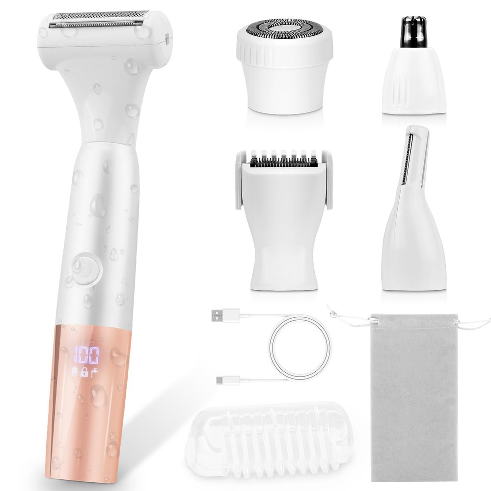 5-in-1 Bikini Trimmer Electric Razors for Women, Cordless Electric Shaver with LCD Display for Facial Body Legs Hair, Rechargeable Waterproof Pubic Body Hair Trimmer Birthday Christmas Gifts for Women