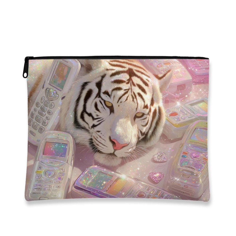Tiger Makeup Bag, Iridescent Pastel Graphic Cosmetic Travel Pouch for Women, Portable Small Canvas Zipper Organizer, Festival Gift Skincare Toiletry Bag 7x9 Inch