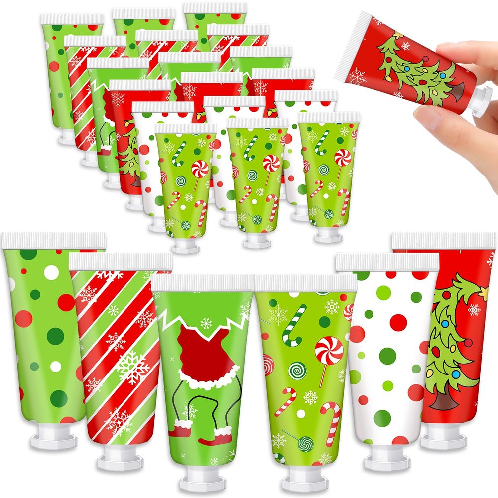 Leelosp 24 Pcs Red and Green Christmas Hand Cream Gift Bulk Green Funny Cartoon Mini Hand Lotion Travel Size Moisturizer Cream for Christmas Stocking Stuffers Gifts Calendar Advent Holiday Favors