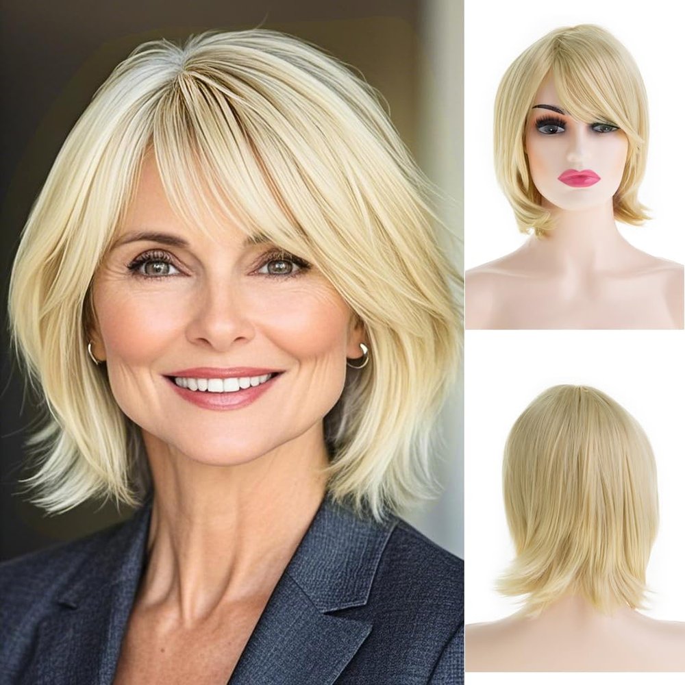 Baruisi Blonde Short Hair Wigs for Women Synthetic Straight Natural Looking Cosplay Wig with Bangs