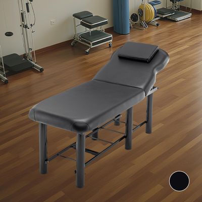 FUQIAOTEC Stationary Massage Table Spa Salon Bed Professioanl, Physical Therapy Tables with Metal Frame and PU Surface, Backrest Adjustable, Removable Headrest, Bottom Storage Shelf, Black