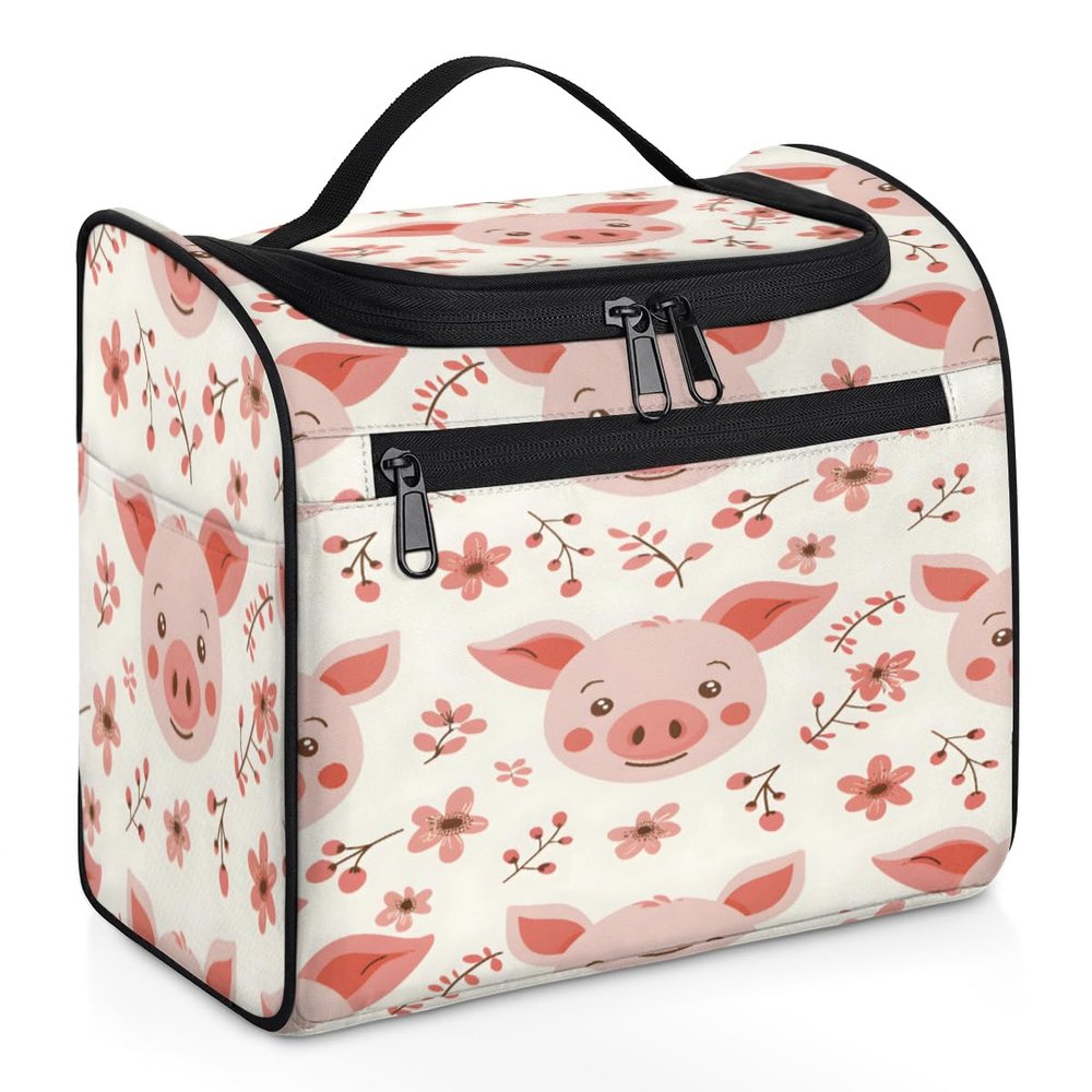 Adornori Cute Pig Faces Travel Toiletry Bag for Men and Women, Large Hanging Makeup Bag Organizer Toiletries Bag for Travel, Pink Pig Cosmetic Bag with Handle