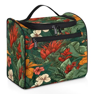 Adornori Tropical Flower Travel Toiletry Bag for Men and Women, Large Hanging Makeup Bag Organizer Toiletries Bag for Travel, Hibiscus Floral Cosmetic Bag with Handle