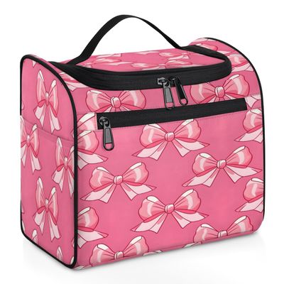 Adornori Pink Travel Toiletry Bag for Men and Women, Large Hanging Makeup Bag Organizer Toiletries Bag for Travel, Bow Cosmetic Bag with Handle