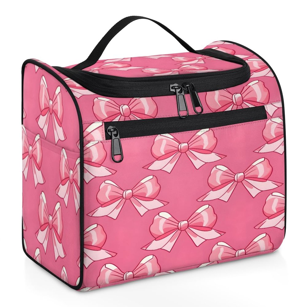 Adornori Pink Travel Toiletry Bag for Men and Women, Large Hanging Makeup Bag Organizer Toiletries Bag for Travel, Bow Cosmetic Bag with Handle