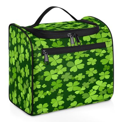 Adornori Green Clover Shamrock Travel Toiletry Bag for Men and Women, Large Hanging Makeup Bag Organizer Toiletries Bag for Travel, St. Patrick's Day Cosmetic Bag with Handle