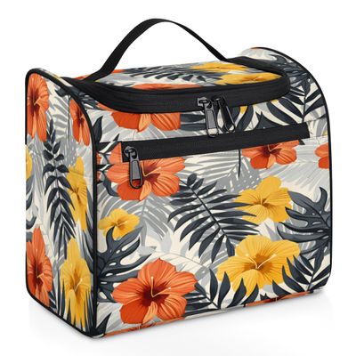 Adornori Tropical Leaves Flower Travel Toiletry Bag for Men and Women, Large Hanging Makeup Bag Organizer Toiletries Bag for Travel, Floral Cosmetic Bag with Handle