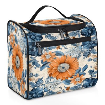 Adornori Vintage Travel Toiletry Bag for Men and Women, Large Hanging Makeup Bag Organizer Toiletries Bag for Travel, Flower Cosmetic Bag with Handle