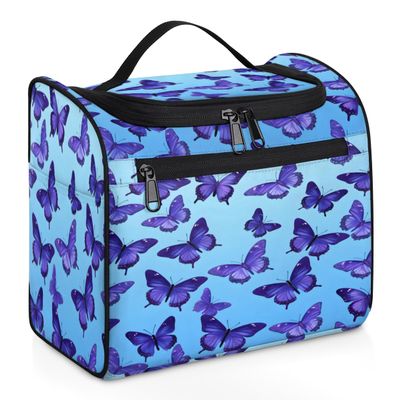 Adornori Blue Travel Toiletry Bag for Men and Women, Large Hanging Makeup Bag Organizer Toiletries Bag for Travel, Butterfly Cosmetic Bag with Handle