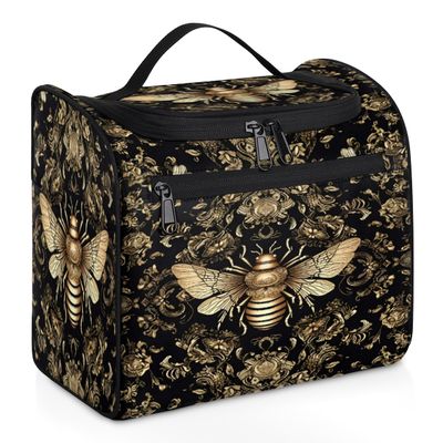 Adornori Vintage Bee Travel Toiletry Bag for Men and Women, Large Hanging Makeup Bag Organizer Toiletries Bag for Travel, Retro Bee Cosmetic Bag with Handle