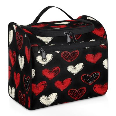 Adornori Black Red Hearts Travel Toiletry Bag for Men and Women, Large Hanging Makeup Bag Organizer Toiletries Bag for Travel, Hearts Romantic Cosmetic Bag with Handle