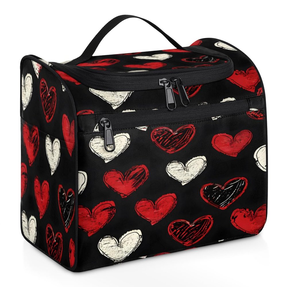 Adornori Black Red Hearts Travel Toiletry Bag for Men and Women, Large Hanging Makeup Bag Organizer Toiletries Bag for Travel, Hearts Romantic Cosmetic Bag with Handle